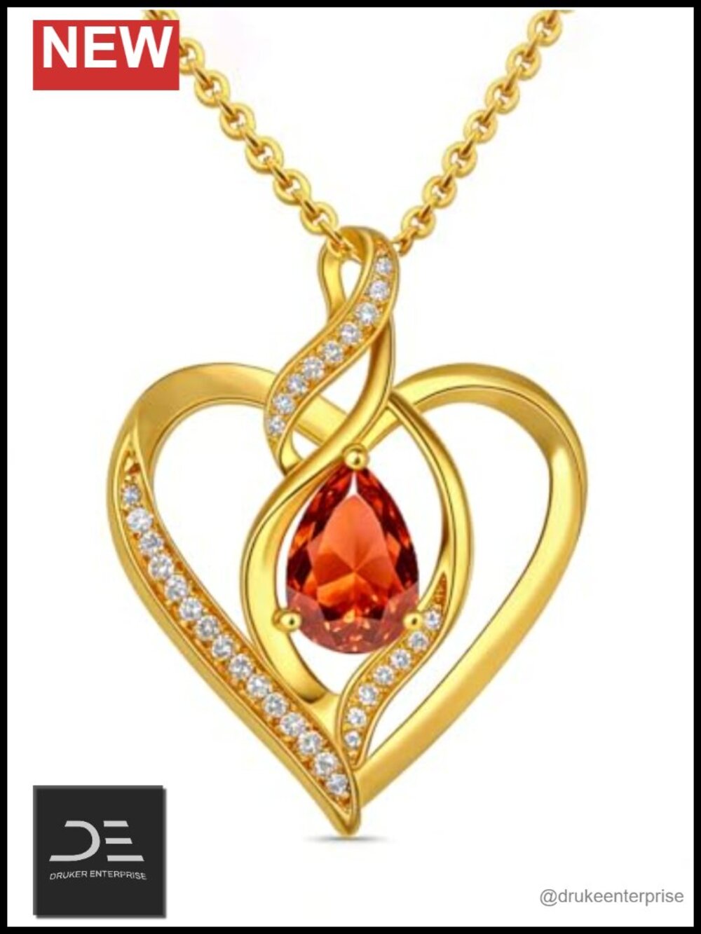 14K Gold Plated Heart Pendant Necklace, Cubic Zirconia Birthstone, July Ruby